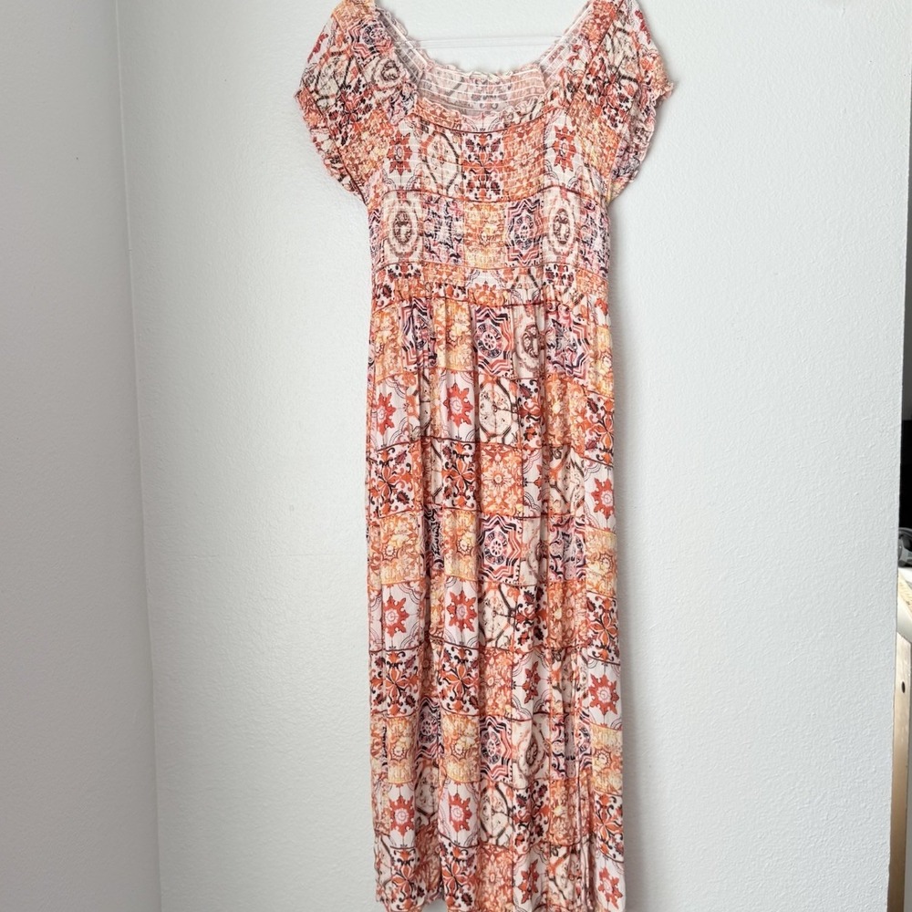SOFT SURROUNDINGS‎ Long Orange Artsy Floral Maxi Dress Smocked Boho M